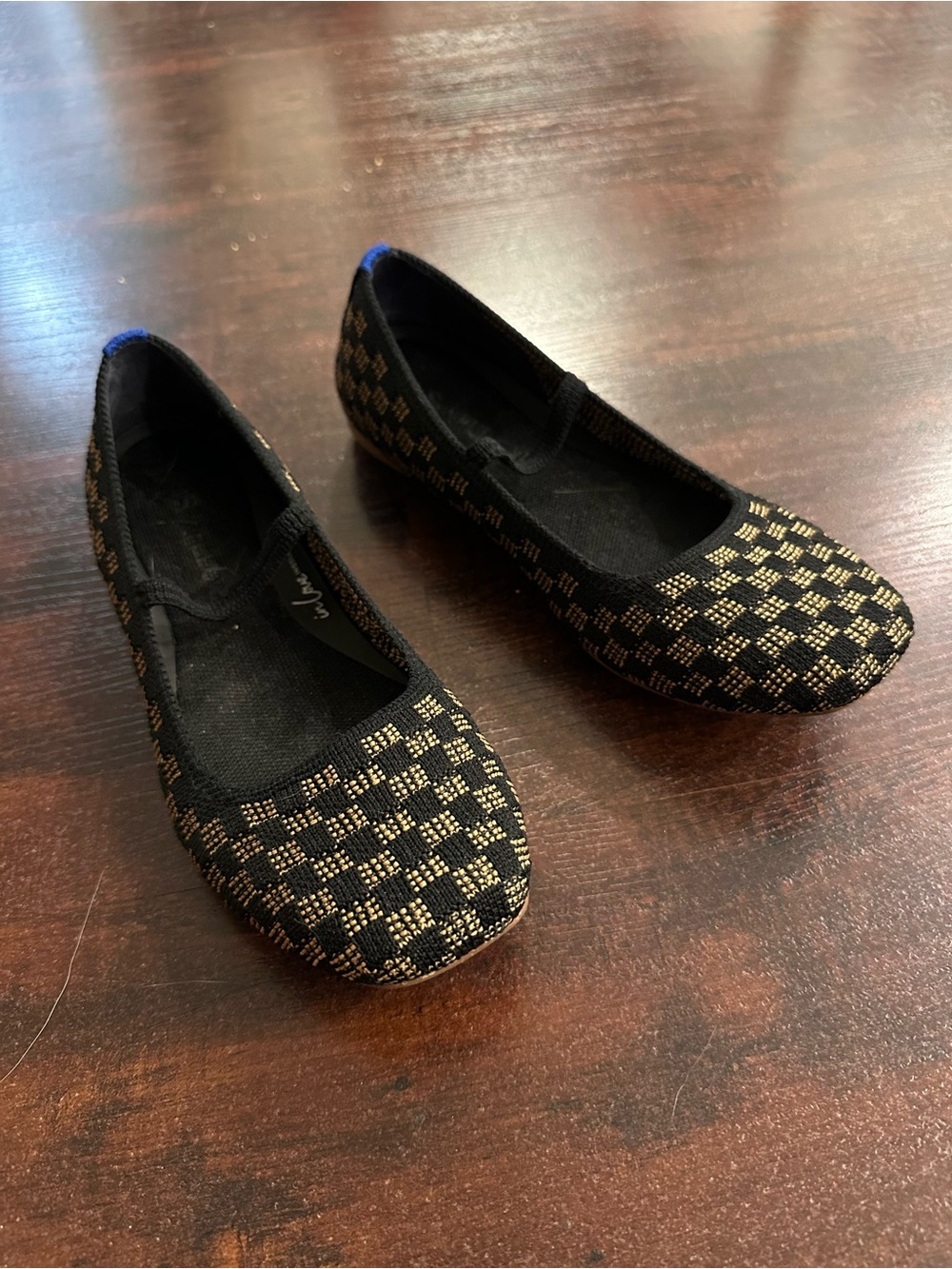 Rothy's Black and Gold Check Slip-On Ballet Flats